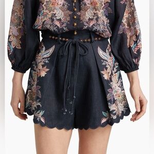 Zimmermann Rhiannon Tuck High Waist Paisley Linen Shorts Women 12 US Navy Floral